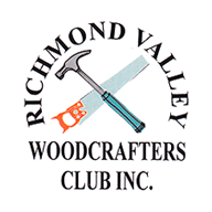 Richmond Valley Woodcrafters Club logo featuring a saw and hammer, promoting local woodworking workshops and handcrafted gifts.