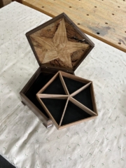 Pentagonal Jewellery Box: American Walnut with Tray and inlay in London Plain. The lid is Camphor Laurel burl