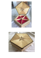 Pentagonal jewellery box in laminated plywood with lid framed in Gidgee